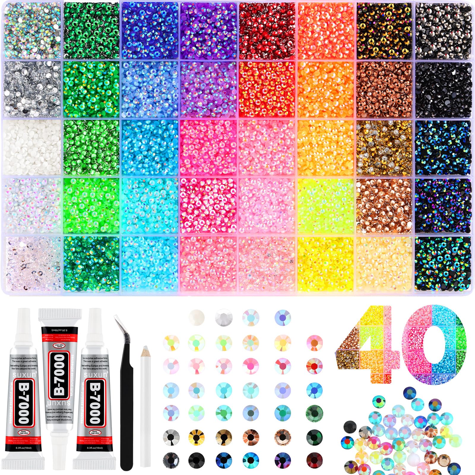 Zefy 40 colors resin jelly rhinestones organized for quick DIY embellishments.