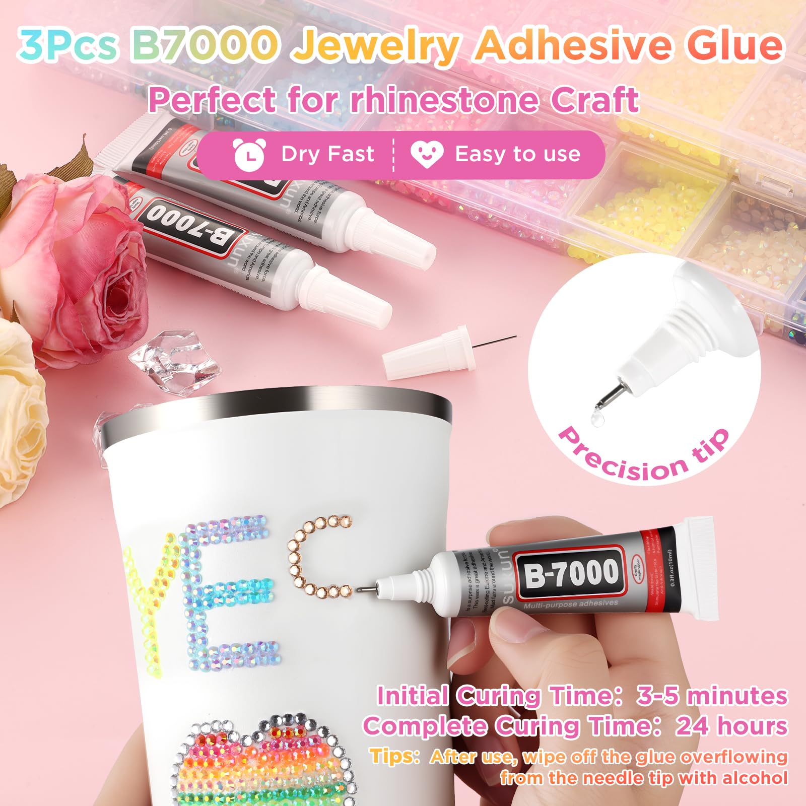 Zefy tweezers and pickup pen enable precise rhinestone placement.