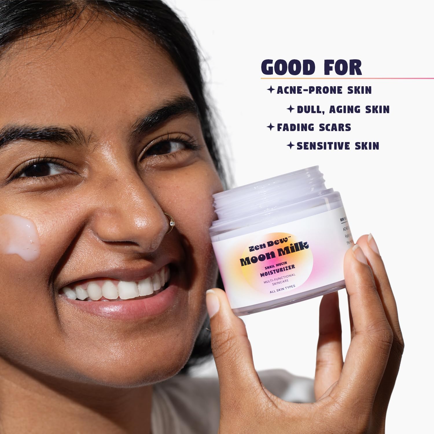 Zen Dew Moon Milk snail mucin moisturizer swirl texture showing glass-like glow.