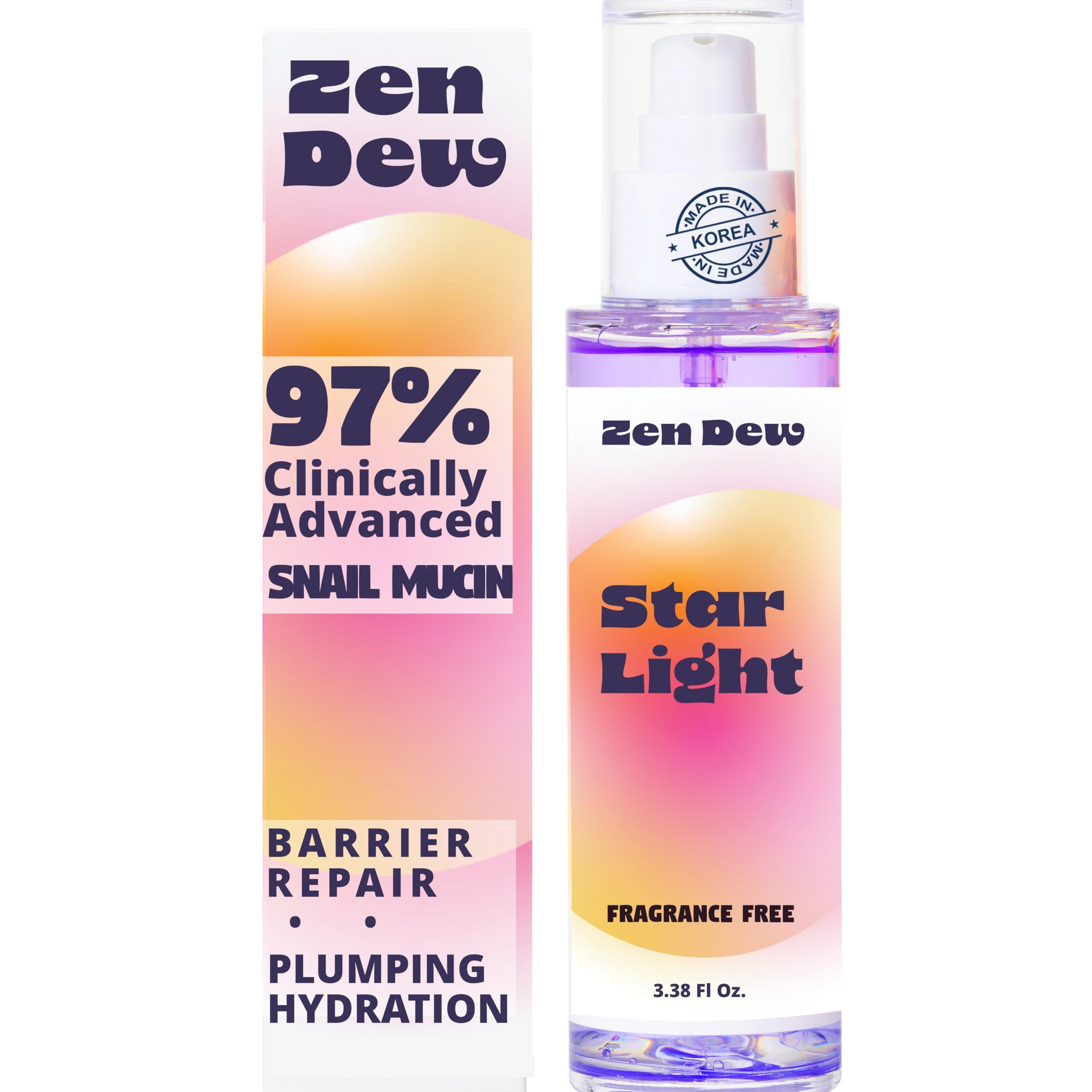Zen Dew Star Light snail mucin serum bottle for radiant hydration and glow.