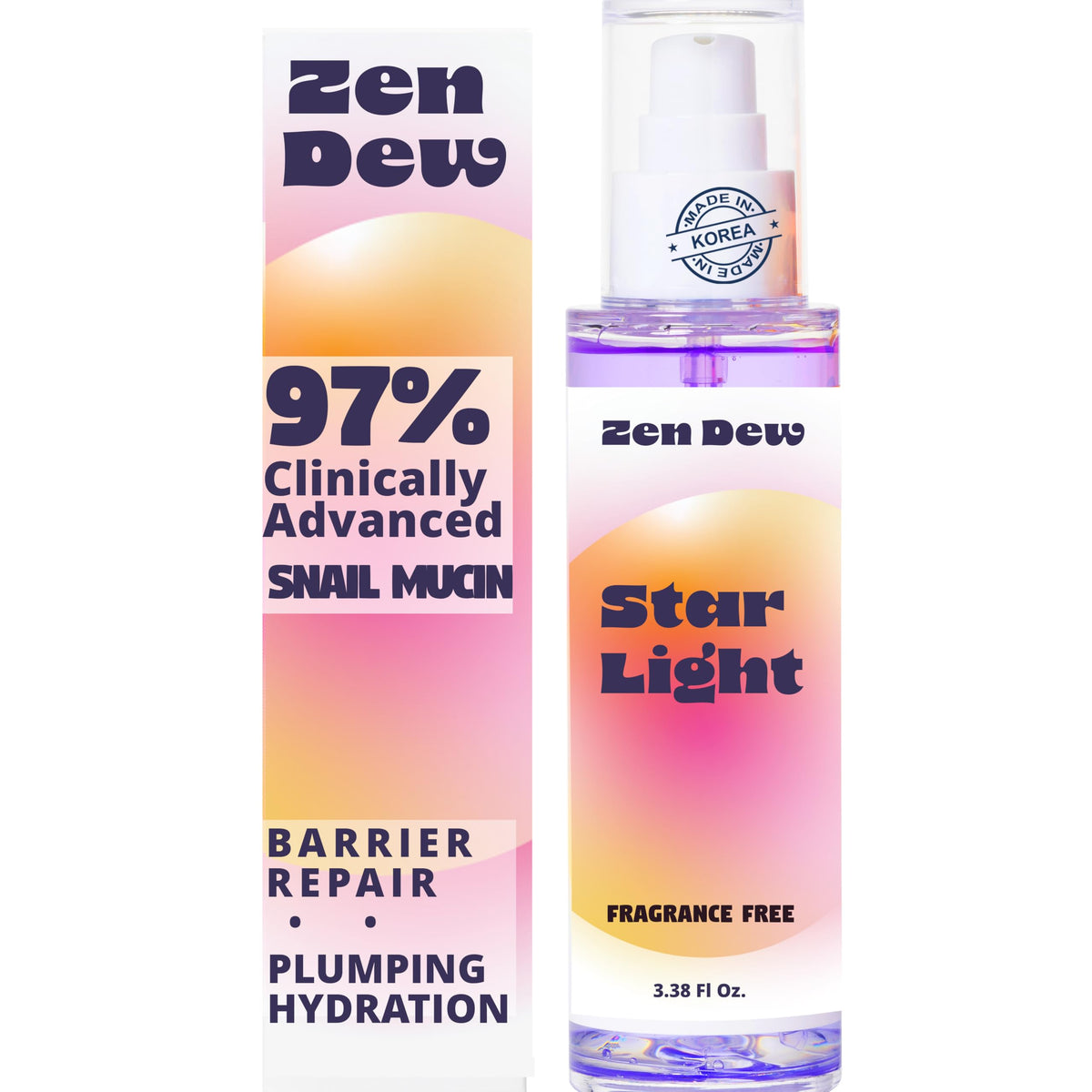 Zen Dew Star Light snail mucin serum bottle for radiant hydration and glow.