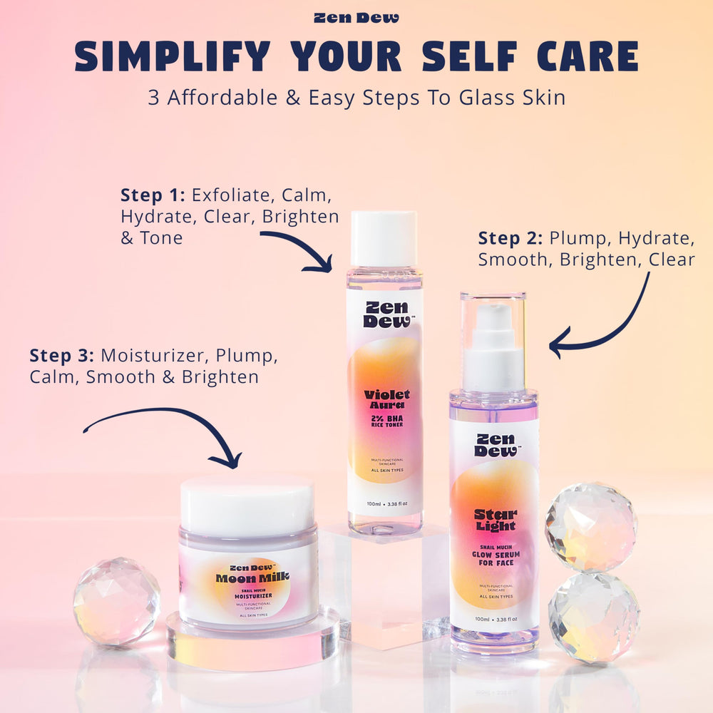 Zen Dew Star Light serum glimmering in a clean, minimalist skincare setup.