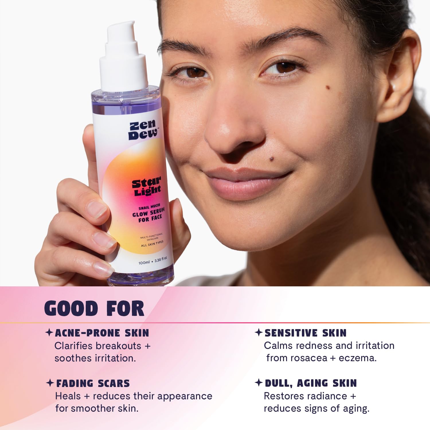 Zen Dew Star Light serum texture shown as smooth, quick-absorb swirls.