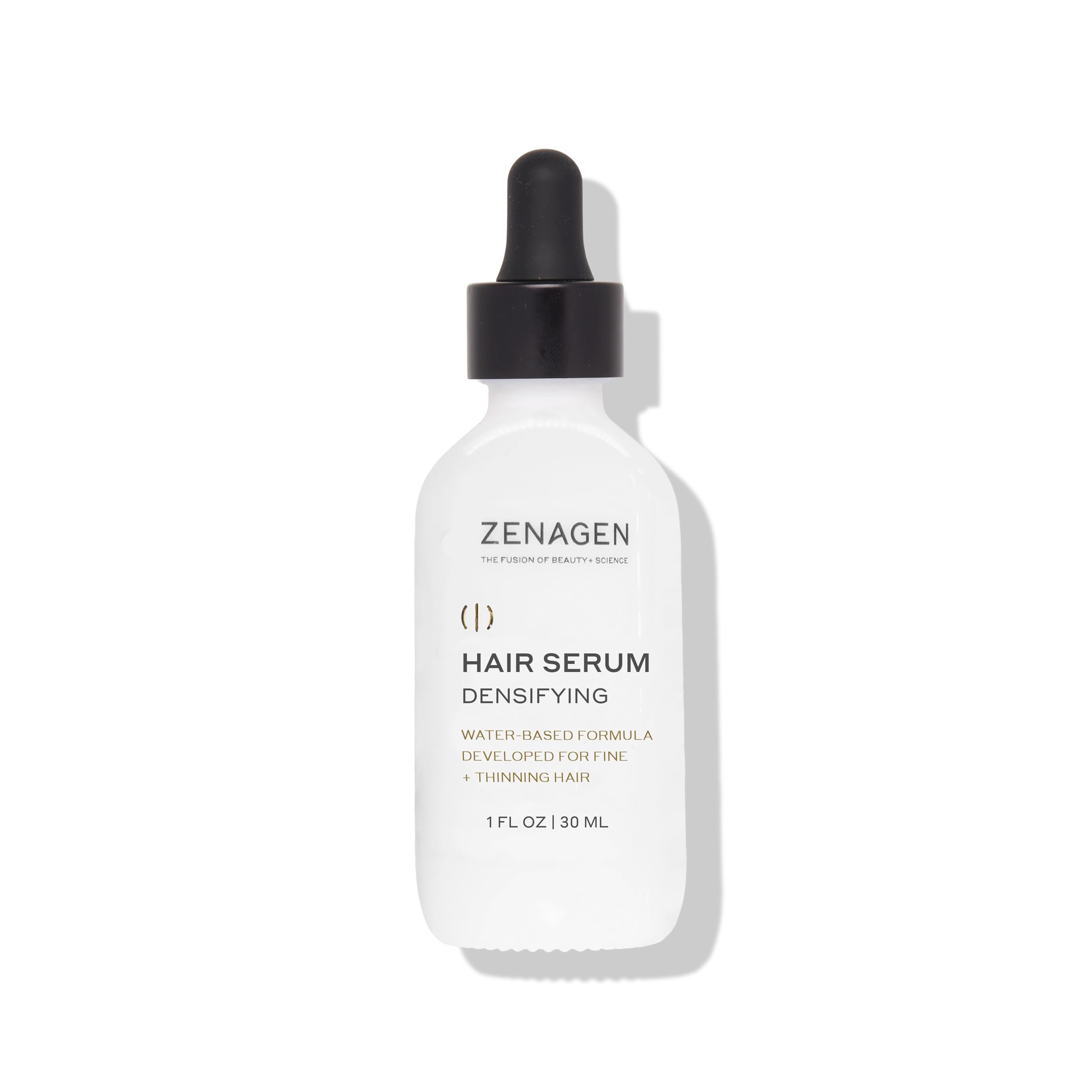 Zenagen Densifying Hair Serum bottle closeup shows lightweight non greasy formula