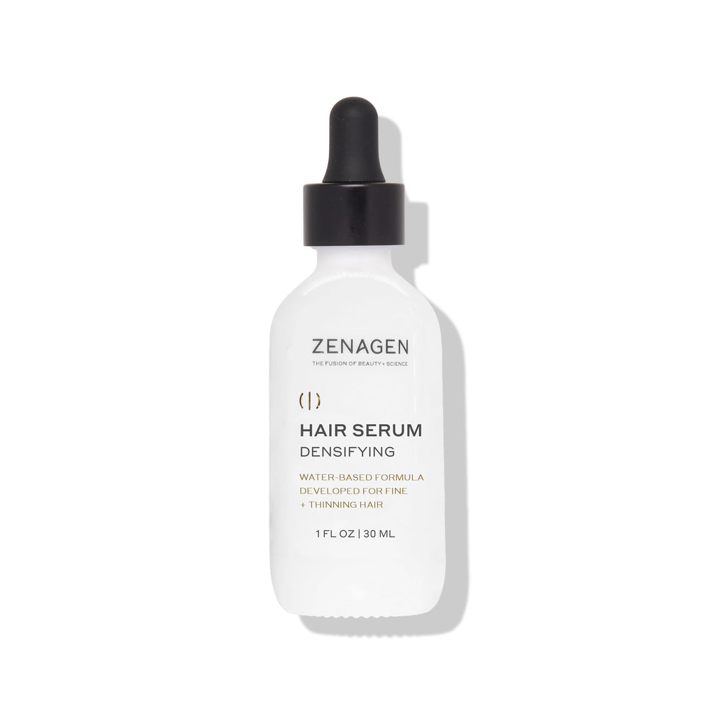 Zenagen Densifying Hair Serum bottle closeup shows lightweight non greasy formula