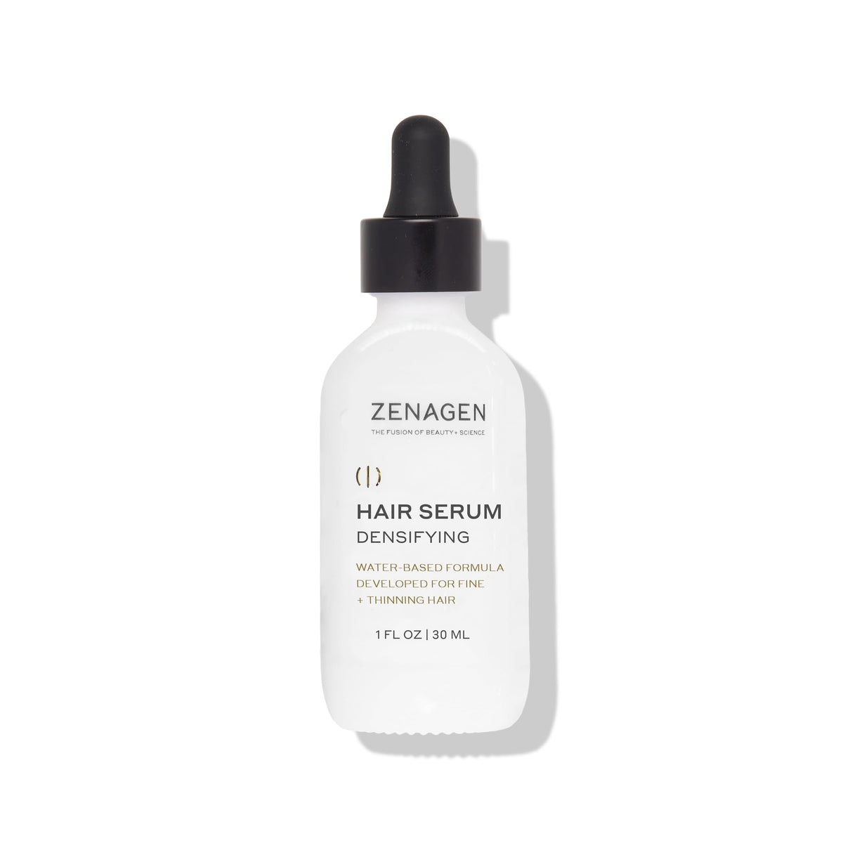 Zenagen Densifying Hair Serum bottle closeup shows lightweight non greasy formula