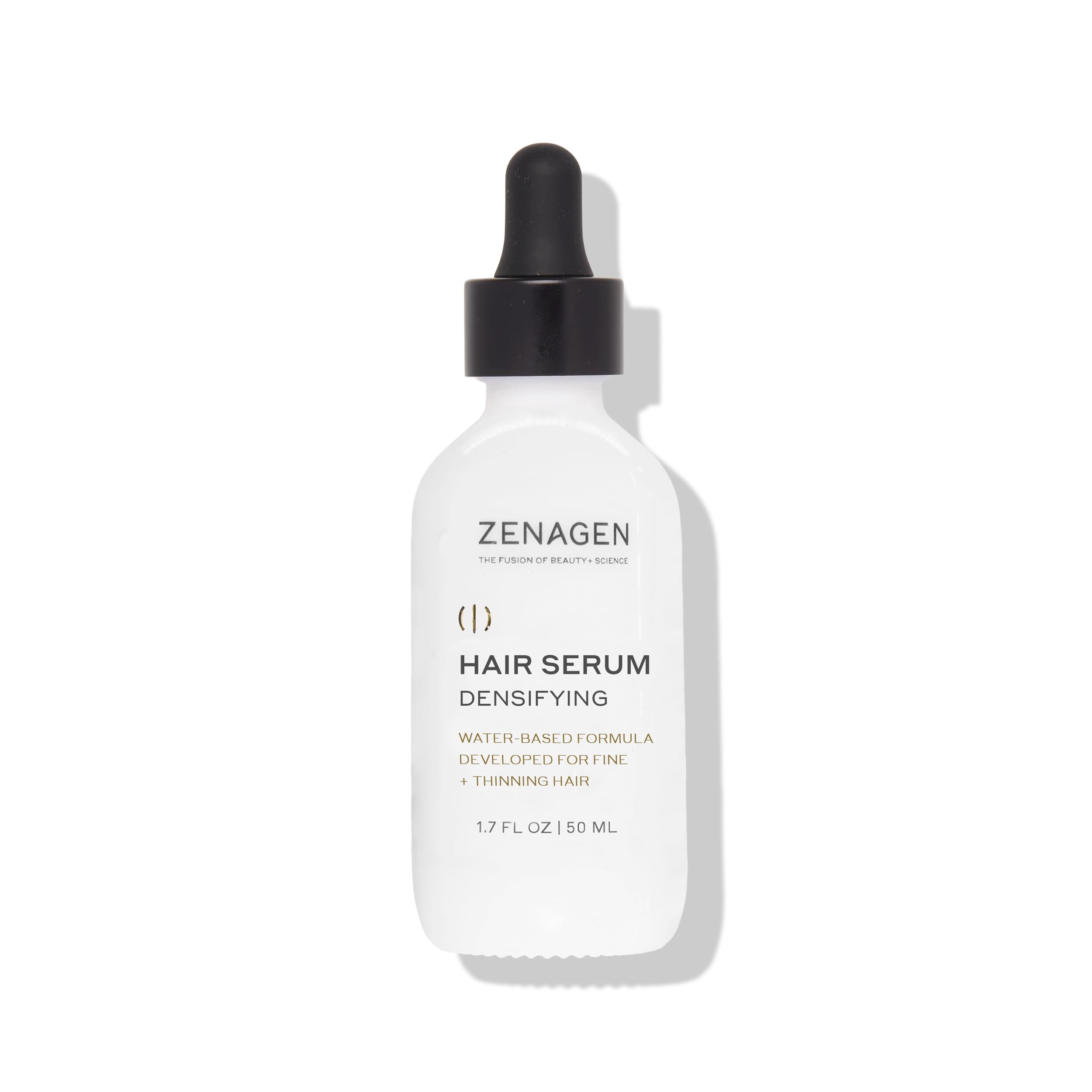 Zenagen Densifying Hair Serum bottle shows lightweight non-greasy formula for all hair types.