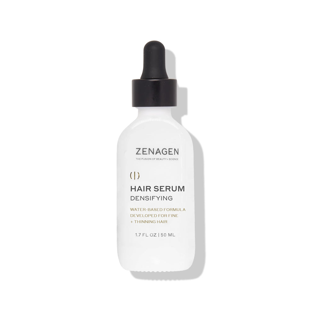 Zenagen Densifying Hair Serum bottle shows lightweight non-greasy formula for all hair types.
