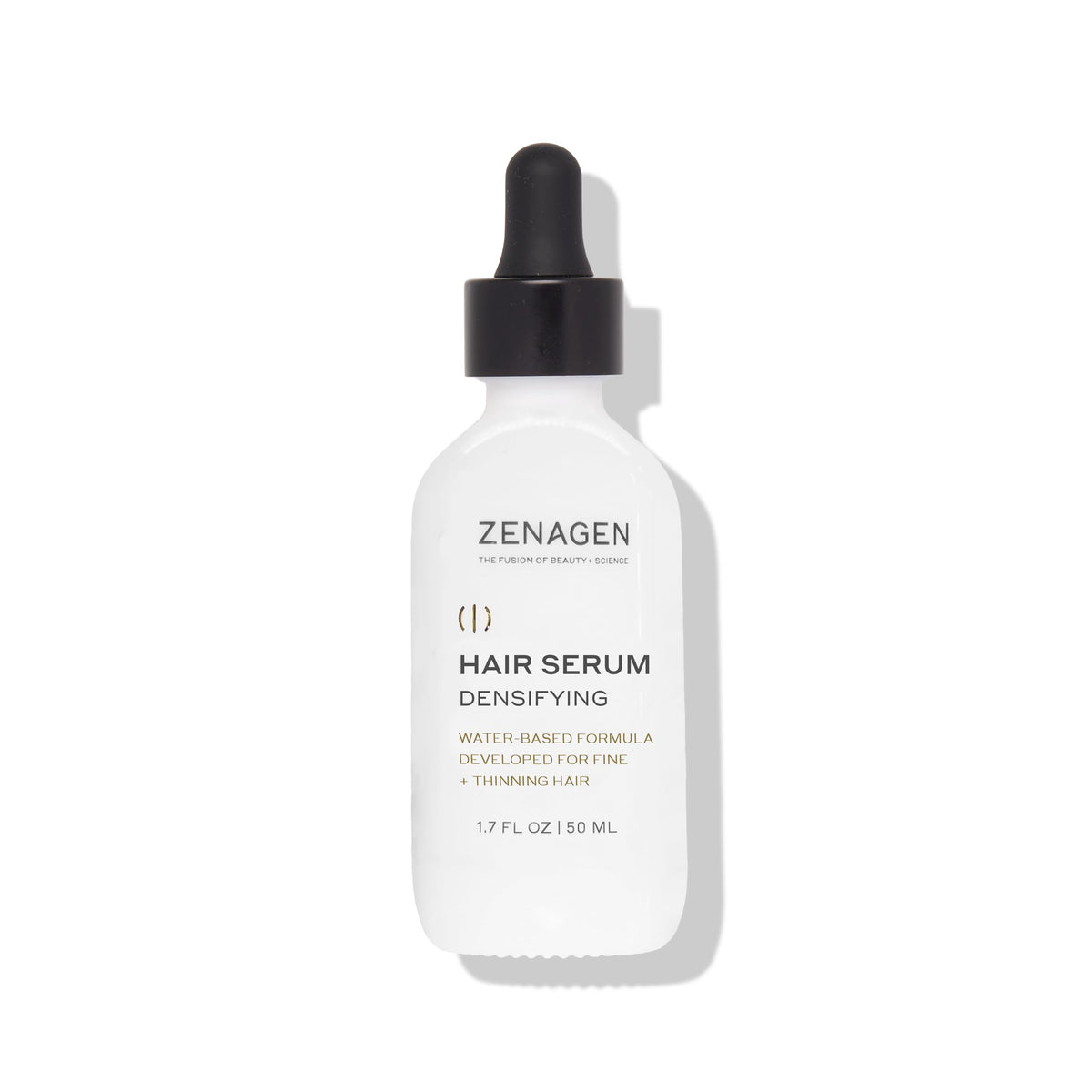 Zenagen Densifying Hair Serum bottle shows lightweight non-greasy formula for all hair types.