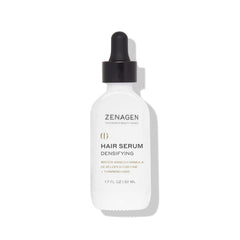 Zenagen Densifying Hair Serum bottle shows lightweight non-greasy formula for all hair types.