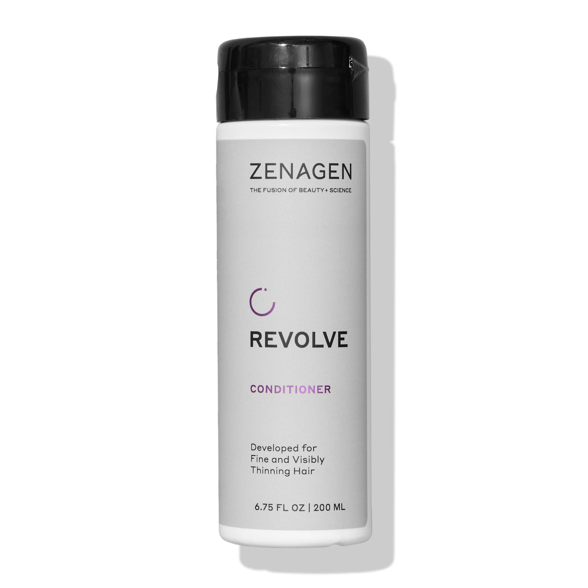 Zenagen Revolve Conditioner bottle shows plant-based hydration for scalp comfort.