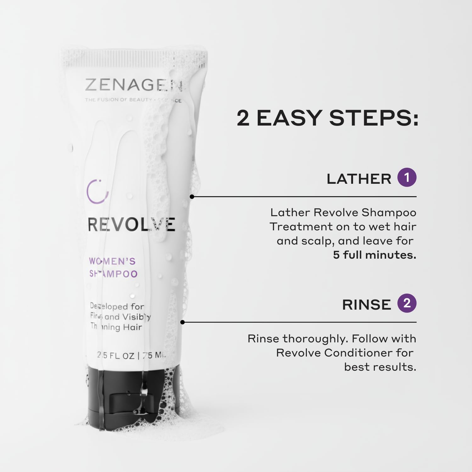 Zenagen Revolve conditioner close-up showing plant-based nourishment for fine hair.