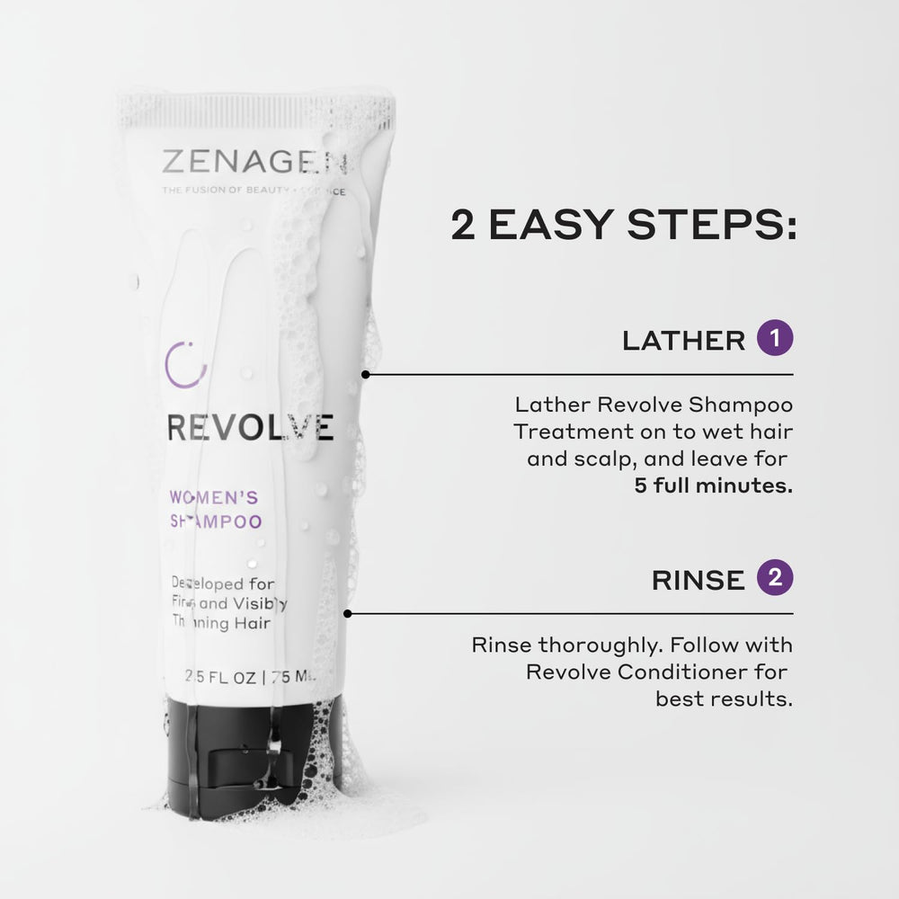 Zenagen Revolve conditioner close-up showing plant-based nourishment for fine hair.