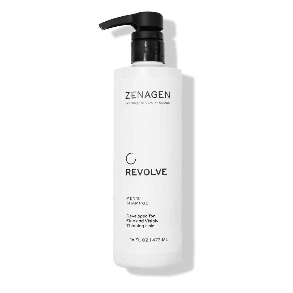 Zenagen Revolve shampoo bottle promotes fuller-looking hair.