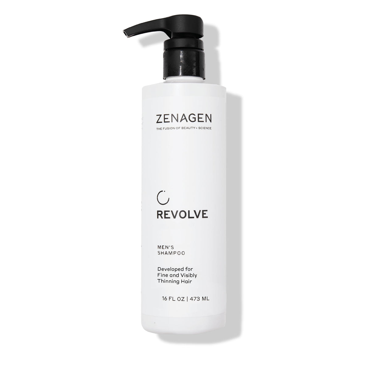 Zenagen Revolve shampoo bottle promotes fuller-looking hair.