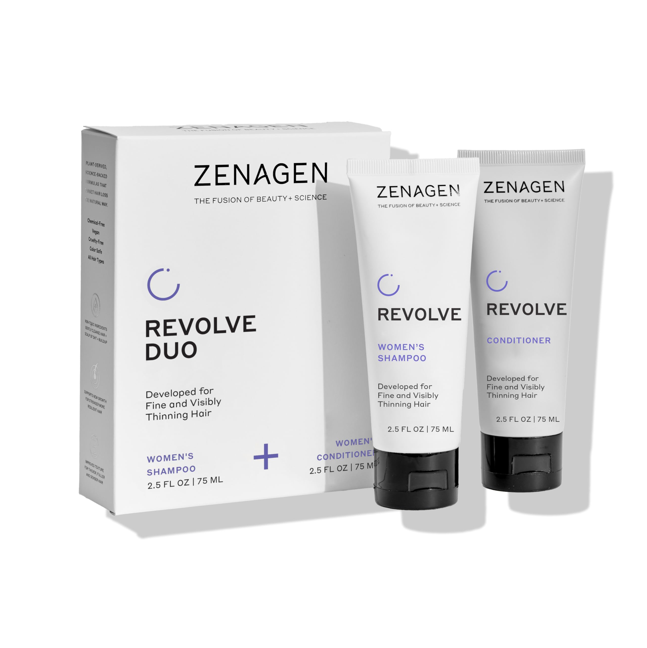 Zenagen Revolve travel shampoo bottle shows color-safe cleansing for fine hair on the go.