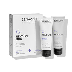 Zenagen Revolve travel shampoo bottle shows color-safe cleansing for fine hair on the go.