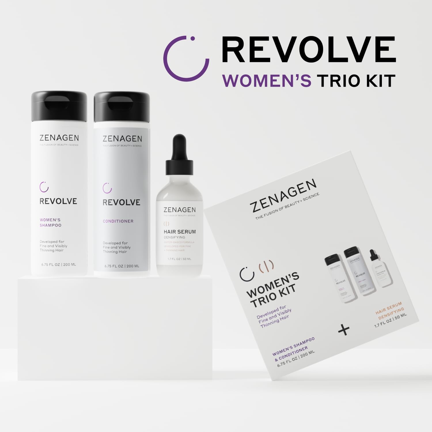 Zenagen Revolve Densifying Serum bottle targets roots for a fuller-looking style.