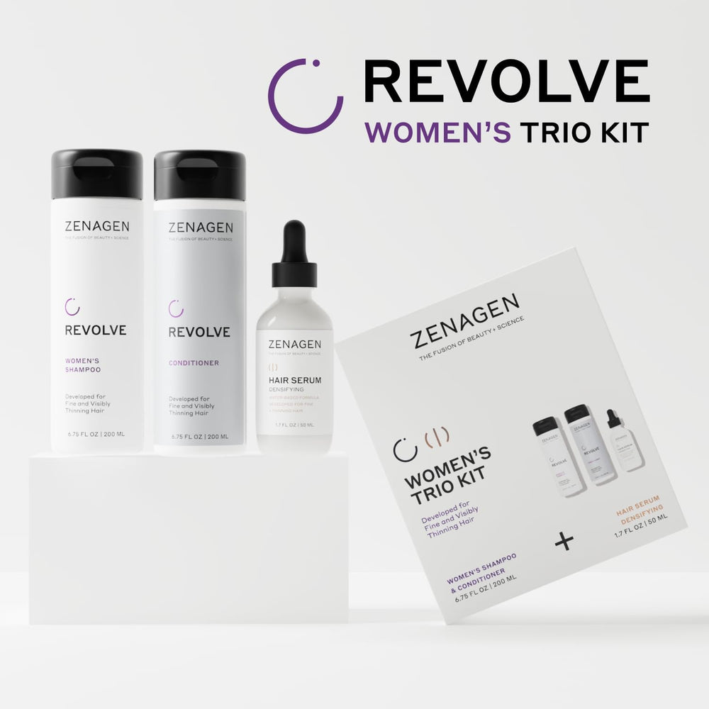 Zenagen Revolve Densifying Serum bottle targets roots for a fuller-looking style.
