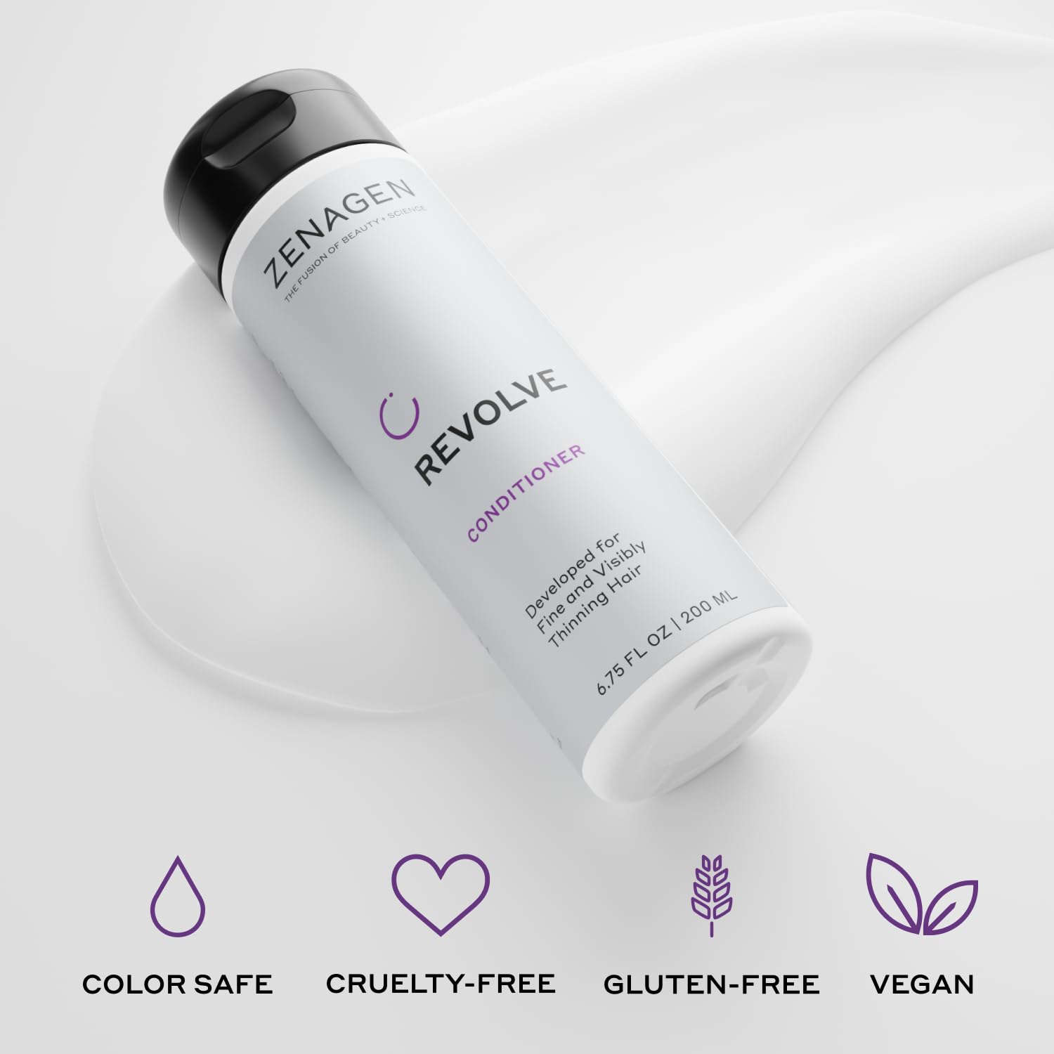 Zenagen Revolve Women's Densifying Serum dropper highlights targeted application benefits.