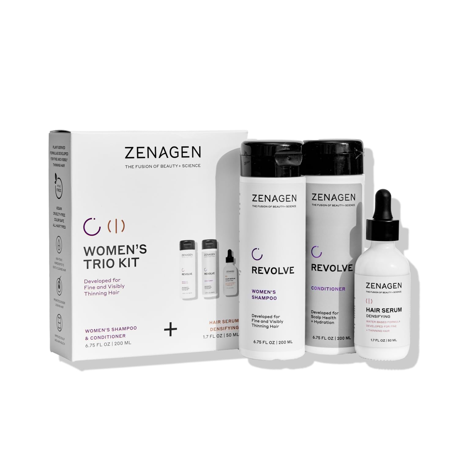 Zenagen Revolve Women's Shampoo bottle for gentle cleanse of fine, thinning hair.