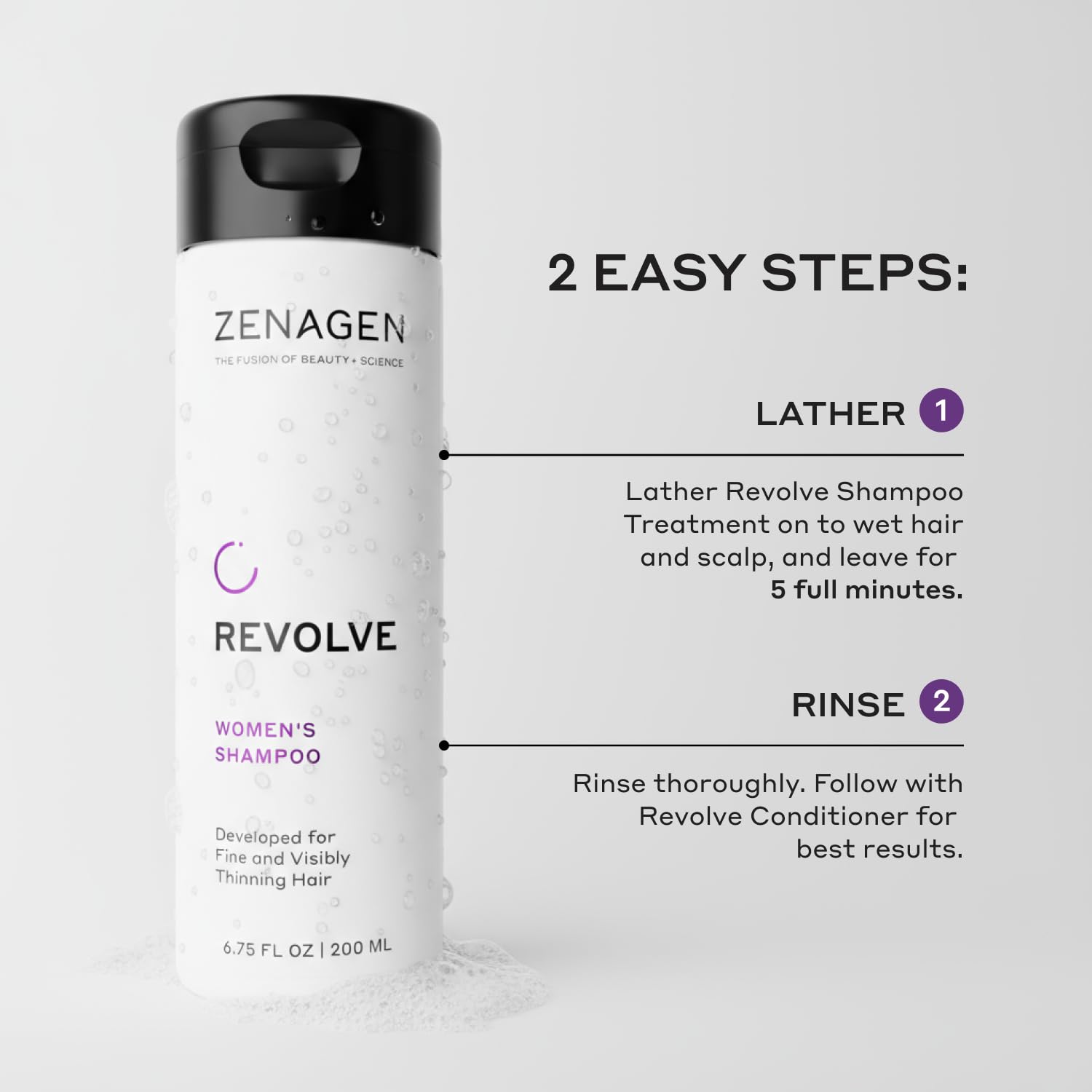 Zenagen Revolve Women's Shampoo foam close-up illustrating refreshing lather for fine hair.