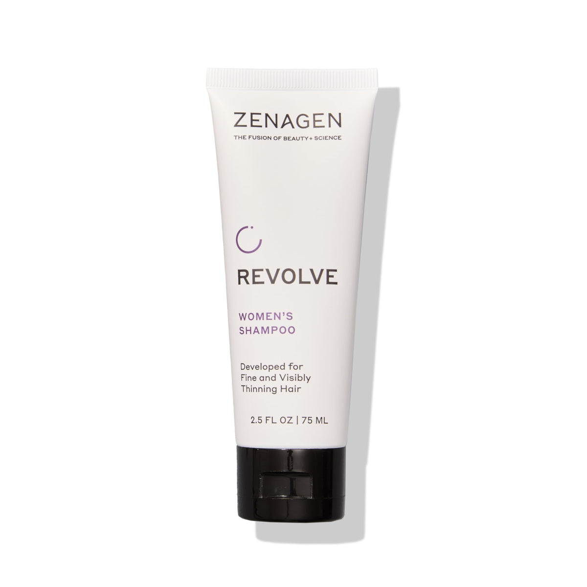 Zenagen Revolve bottle closeup shows plant-based formula for fuller-looking hair.