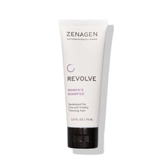 Zenagen Revolve bottle closeup shows plant-based formula for fuller-looking hair.