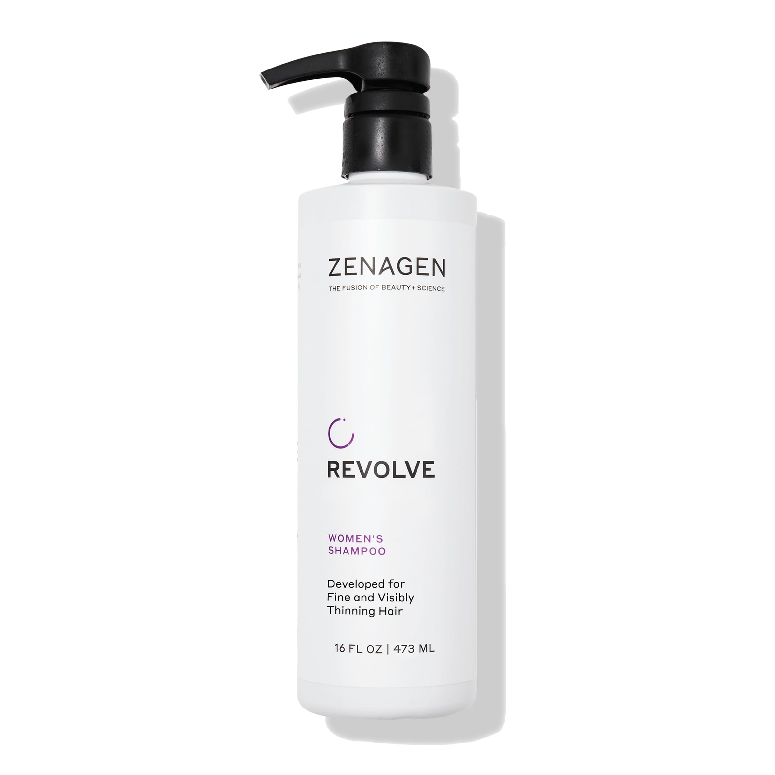 Zenagen Revolve shampoo bottle shows plant-based formula for fuller-looking hair.