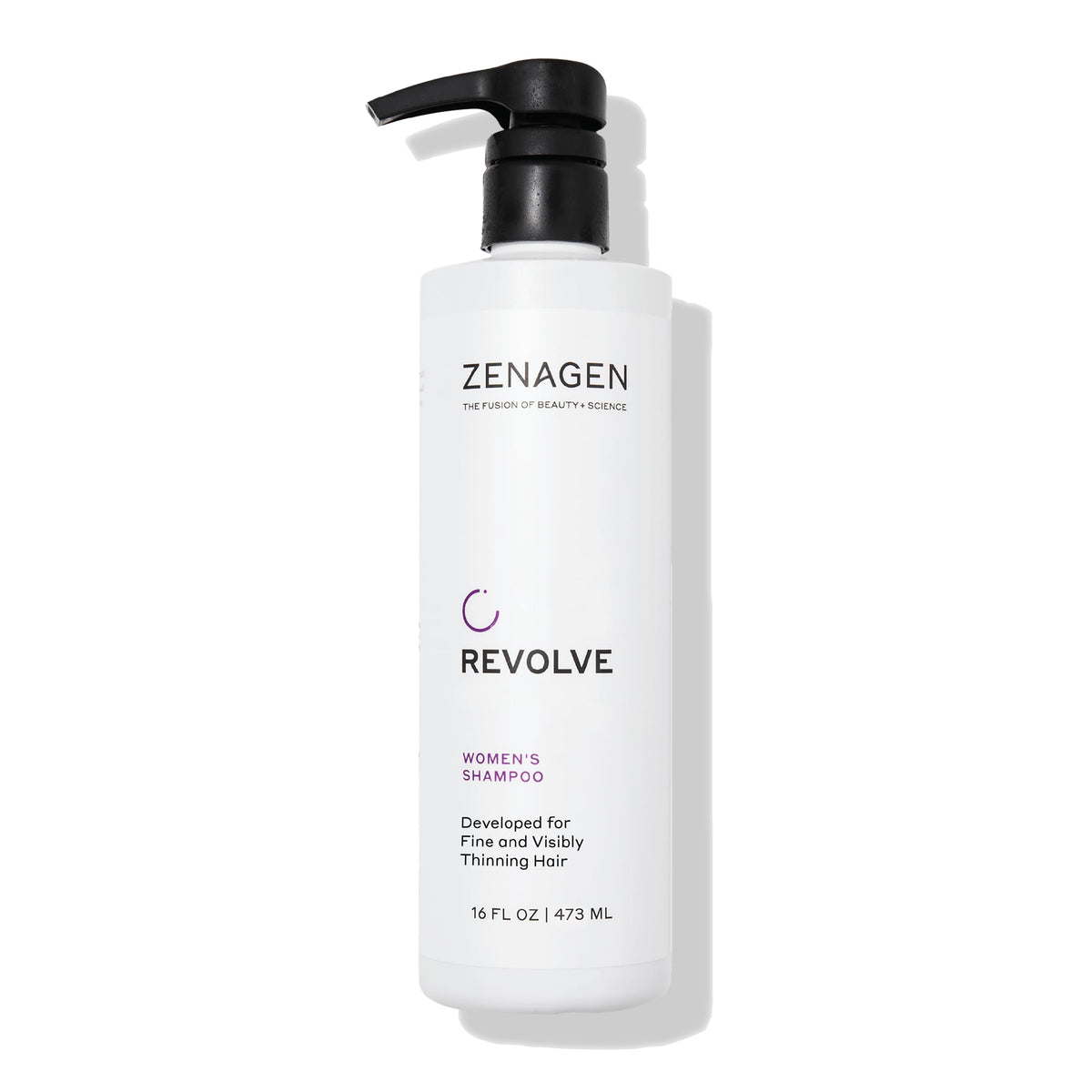 Zenagen Revolve shampoo bottle shows plant-based formula for fuller-looking hair.