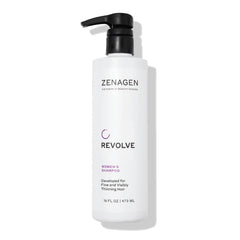 Zenagen Revolve shampoo bottle shows plant-based formula for fuller-looking hair.