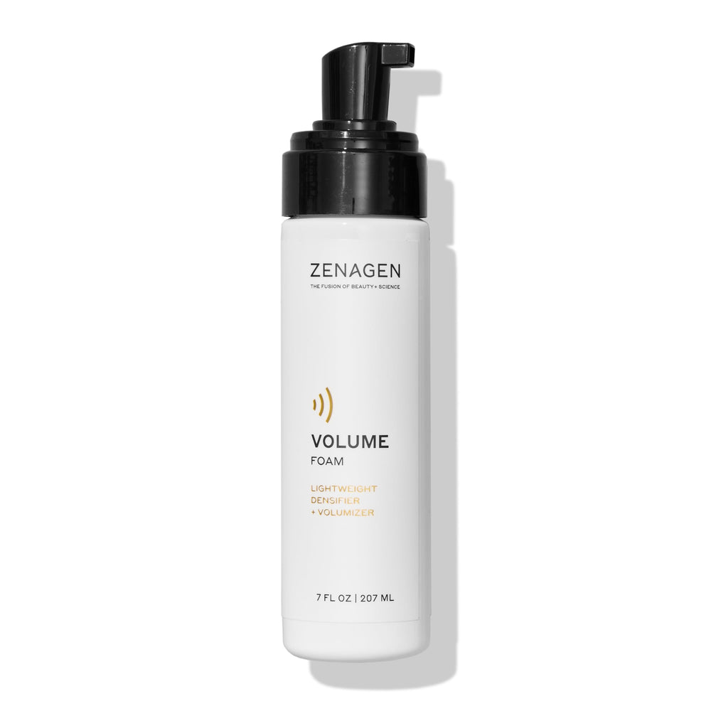Zenagen Volume Foam bottle and label showcasing lightweight volumizing formula for all hair types.