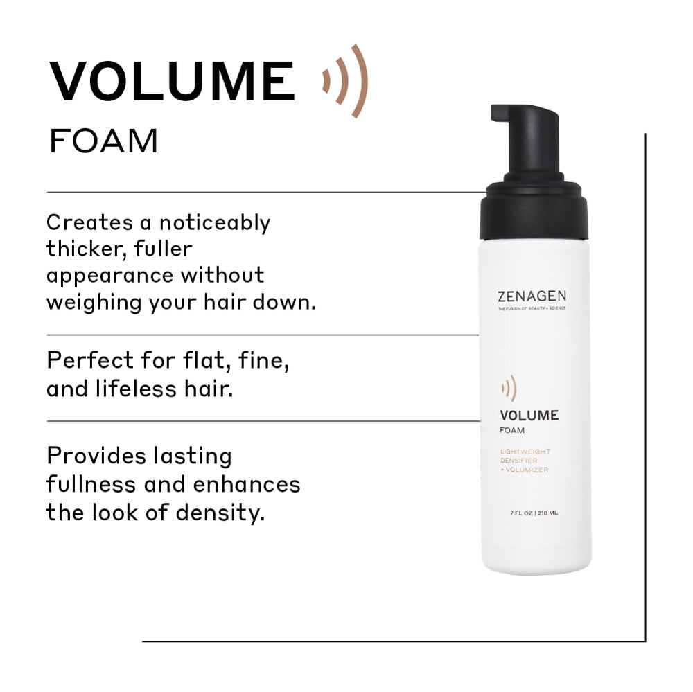 Zenagen Volume Foam dispensed foam demonstrates lift and even distribution for effortless styling.