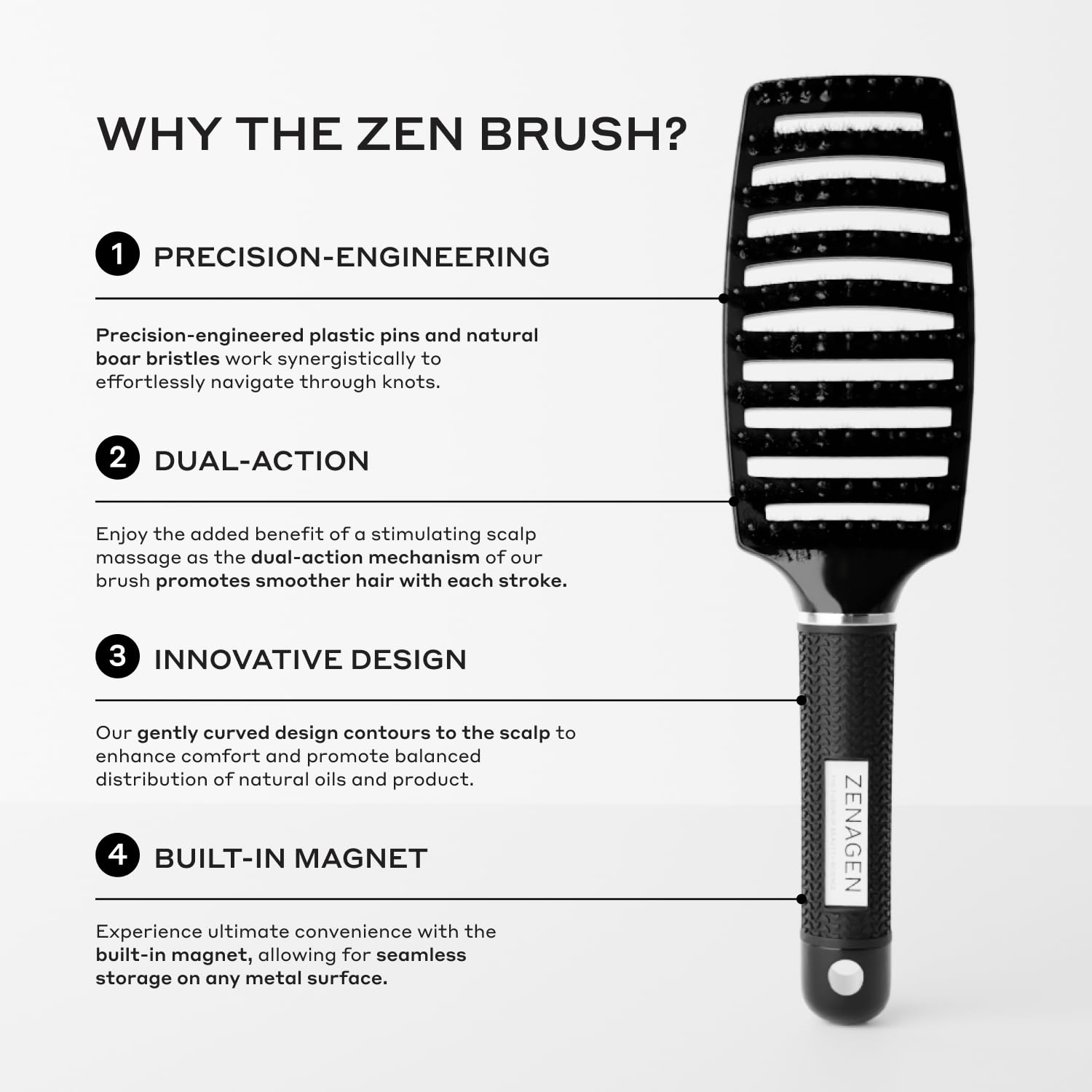 Zenagen Zen Brush White works on all hair types for smooth detangling across textures.