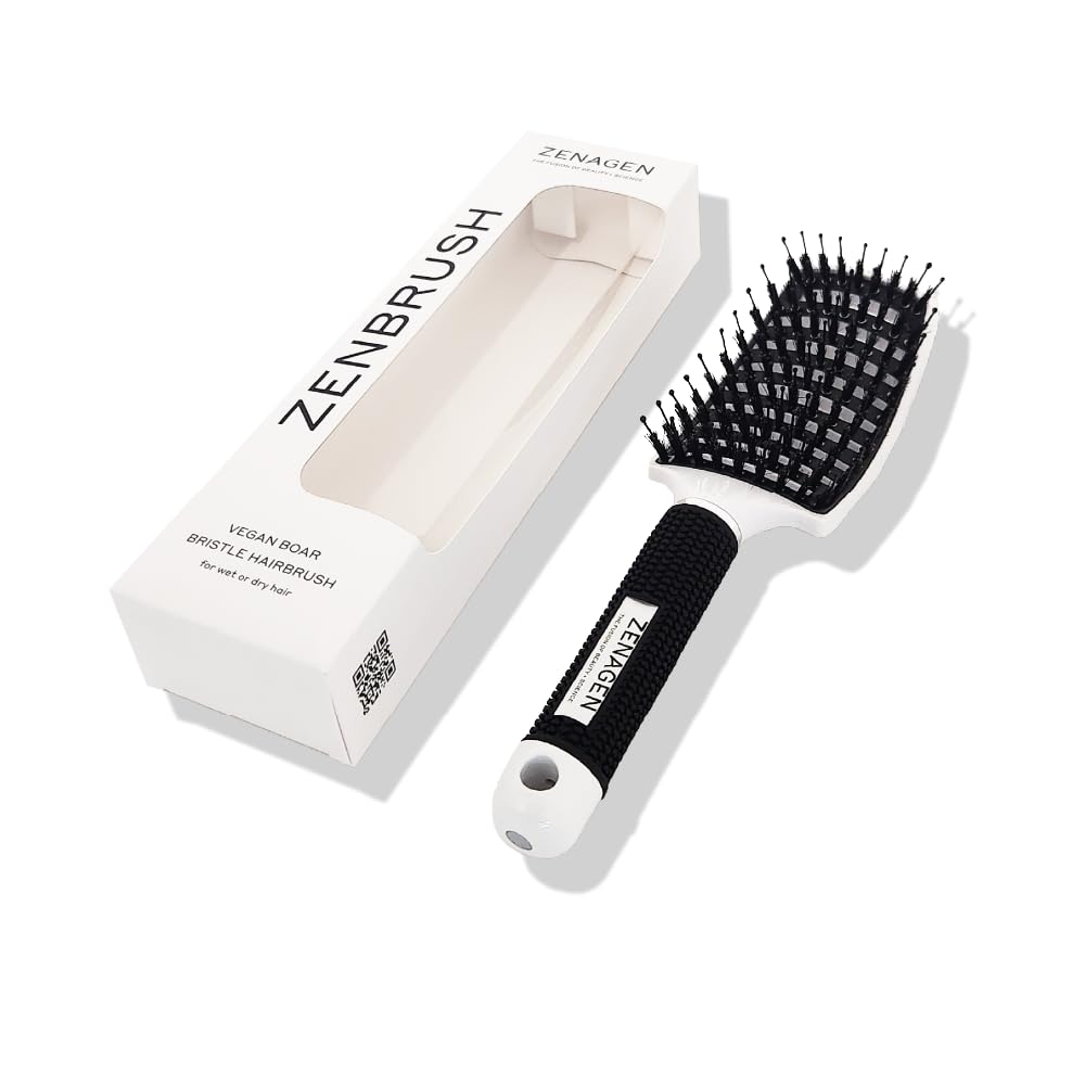 Zenagen Zen Brush White pin-bristle closeup for gentle detangling and scalp massage.