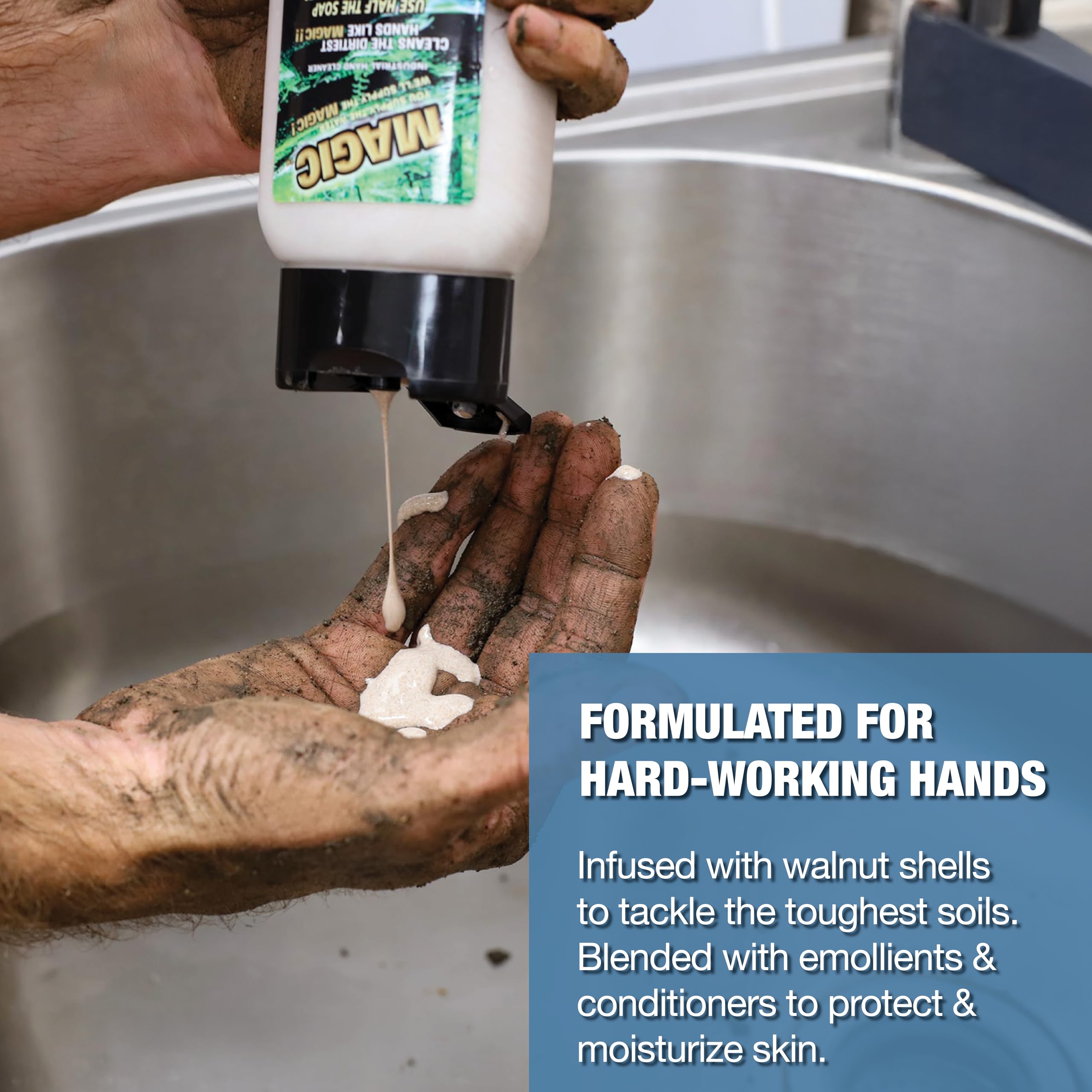 Zenex Magic Hand Soap with walnut scrubbers close-up fighting grime gently
