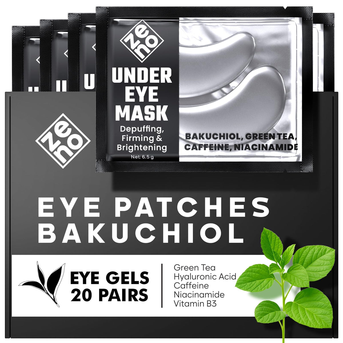 ZENO bakuchiol under-eye patches close-up showing hydrating formula for tired eyes