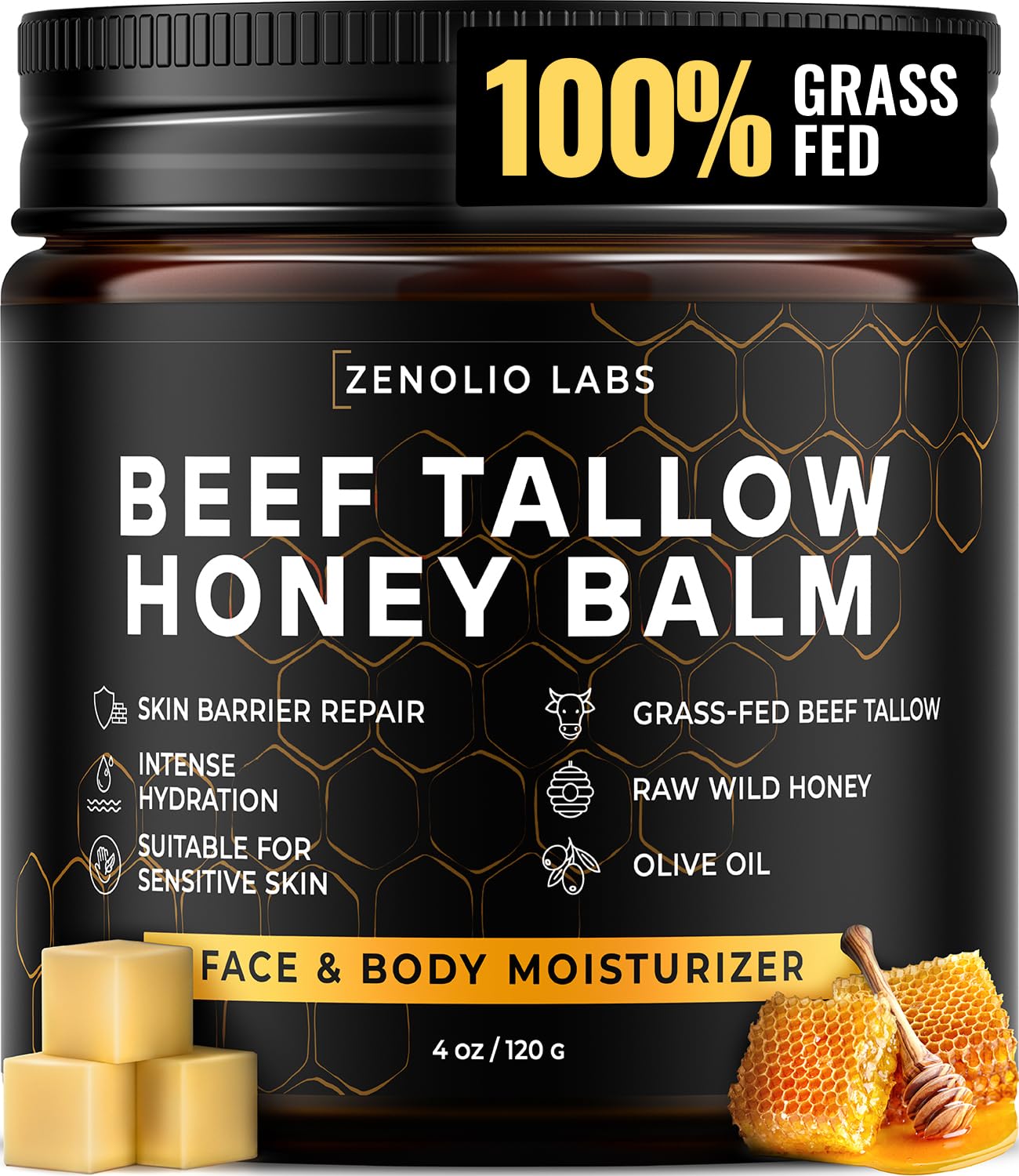 Zenolio Labs beef tallow face jar closeup highlighting natural nourishment for sensitive, dry skin