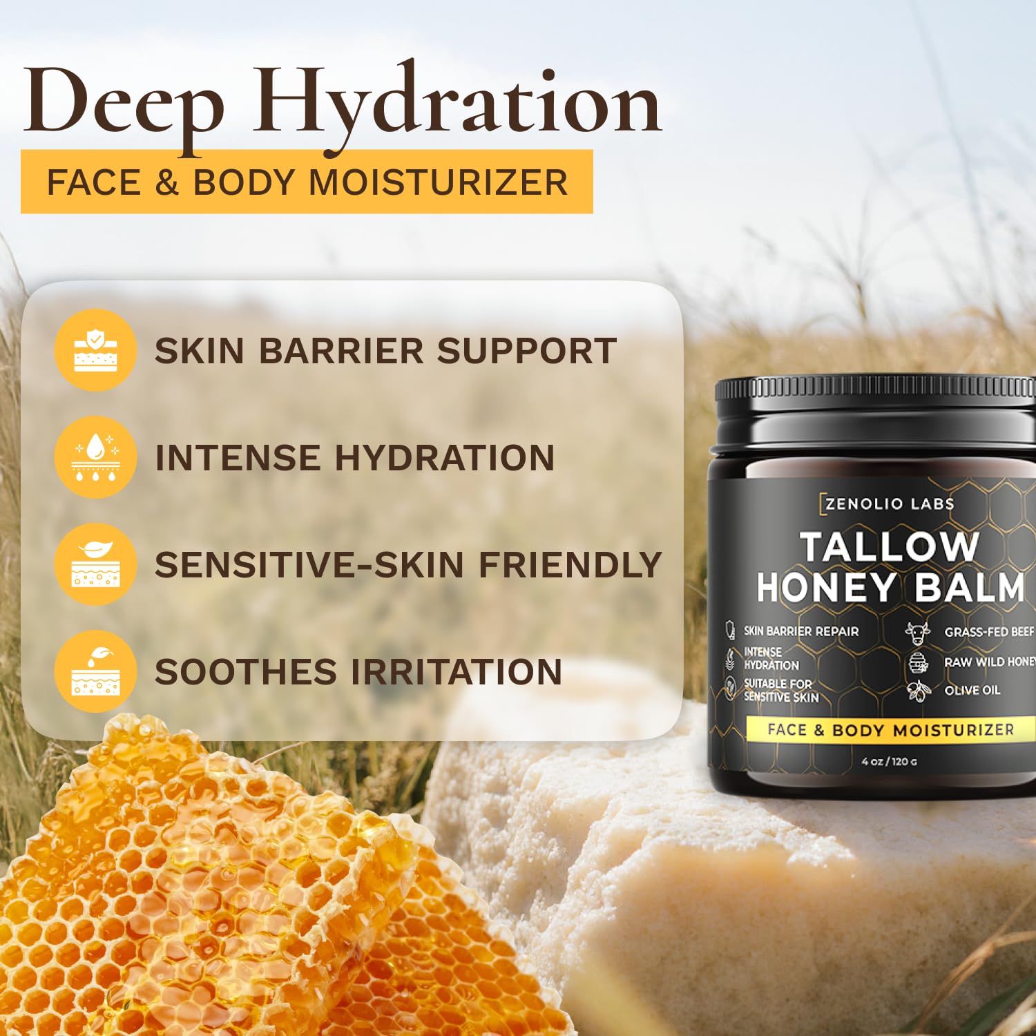 Zenolio Labs beeswax-honey balm bead texture highlights natural barrier support