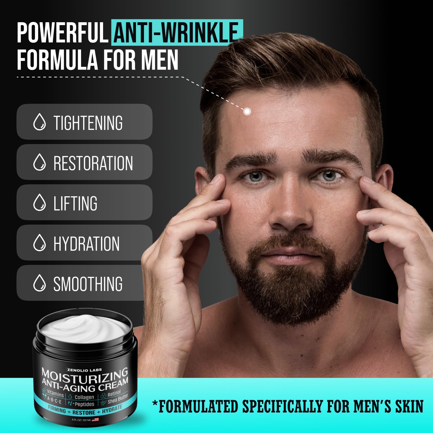 Zenolio Labs Mens Face Moisturizer application shows smoothing for quick daily use after shaving.