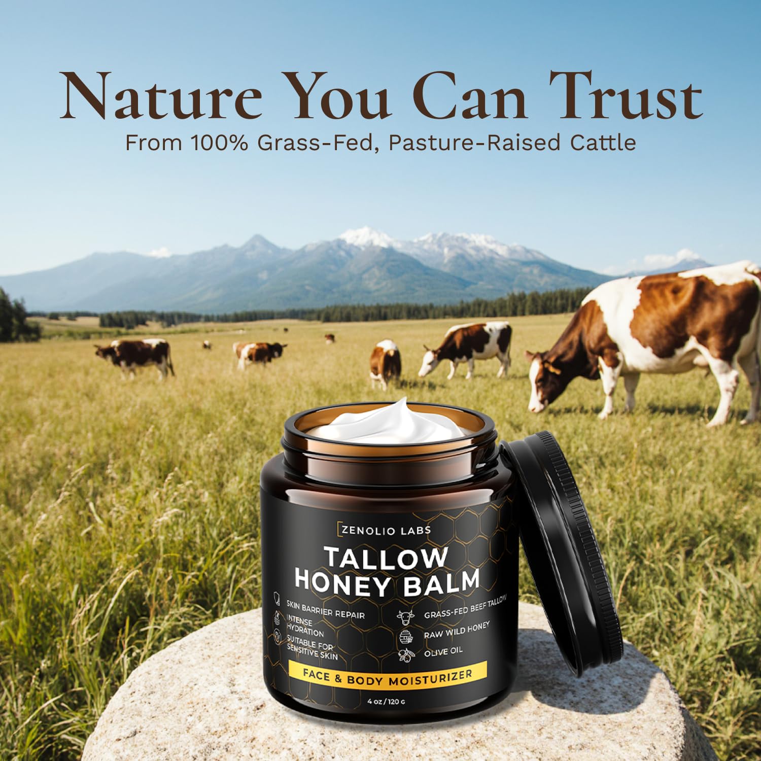 Zenolio Labs whipped tallow honey balm texture demonstrates silky, melt-on-skin hydration