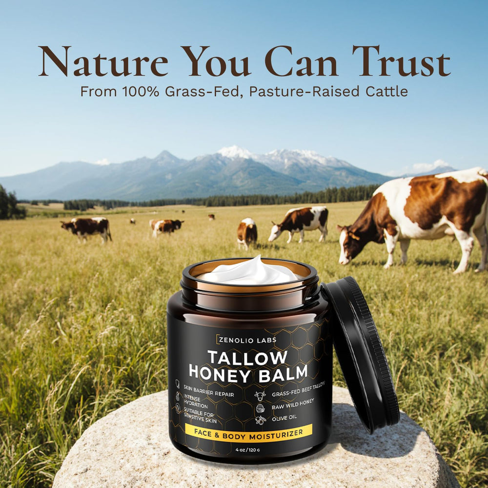 Zenolio Labs whipped tallow honey balm texture demonstrates silky, melt-on-skin hydration