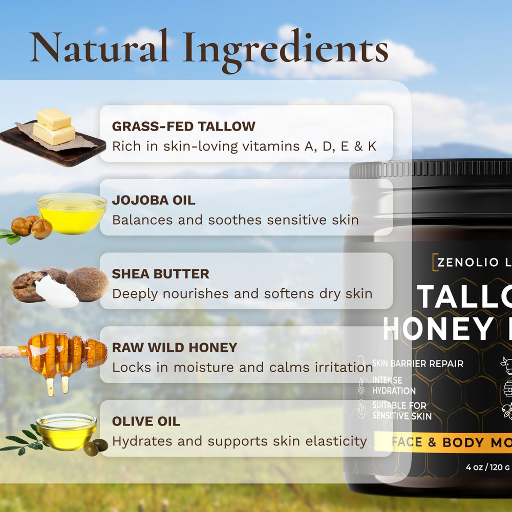 Zenolio Labs whipped tallow honey balm texture demonstrates silky, melt-on-skin hydration