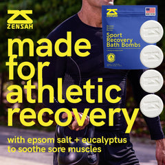 Zensah sport recovery bath bomb closeup ingredients show magnesium epsom salt and essential oils.