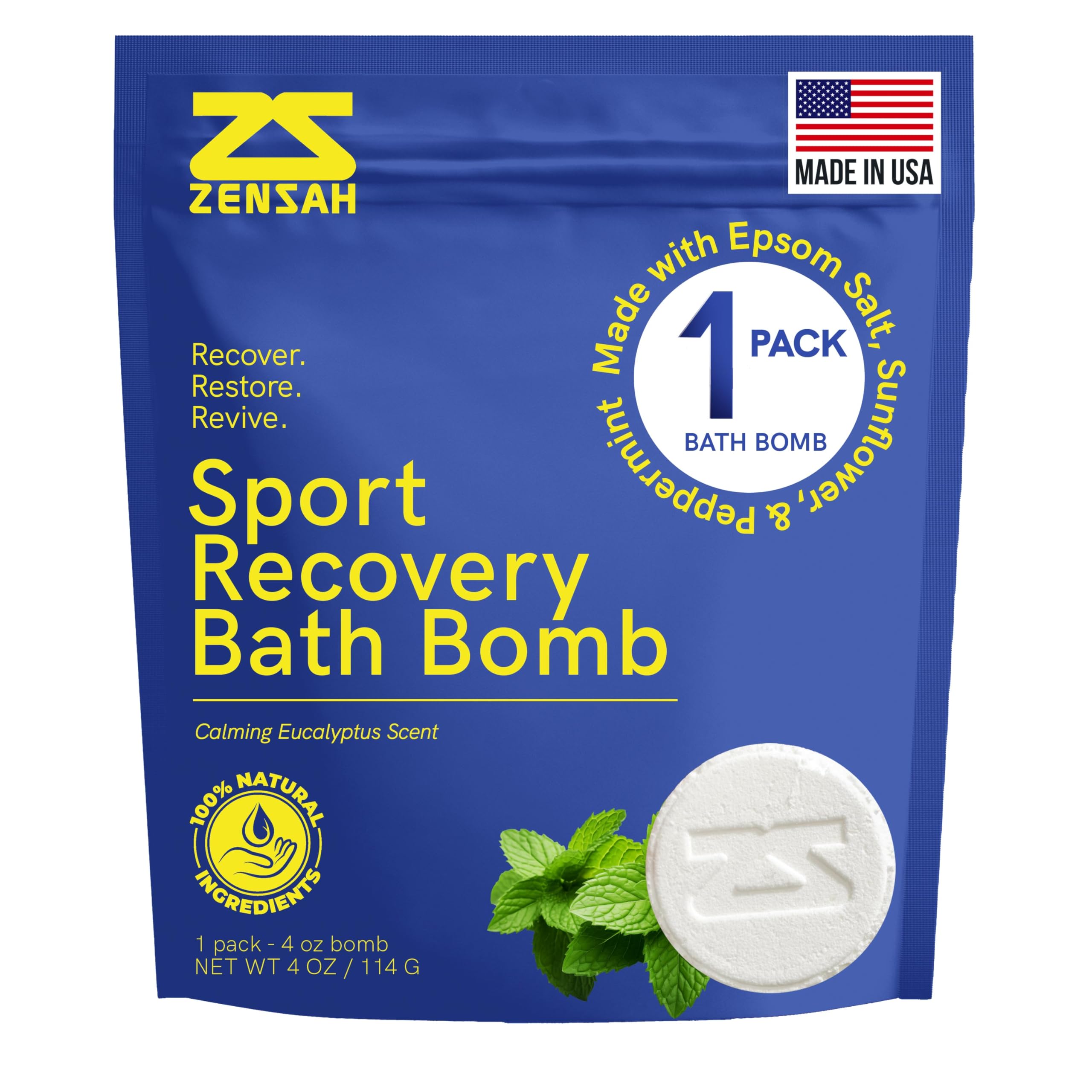 Zensah sport recovery bath bombs packaging highlights magnesium salt blend for muscle relief