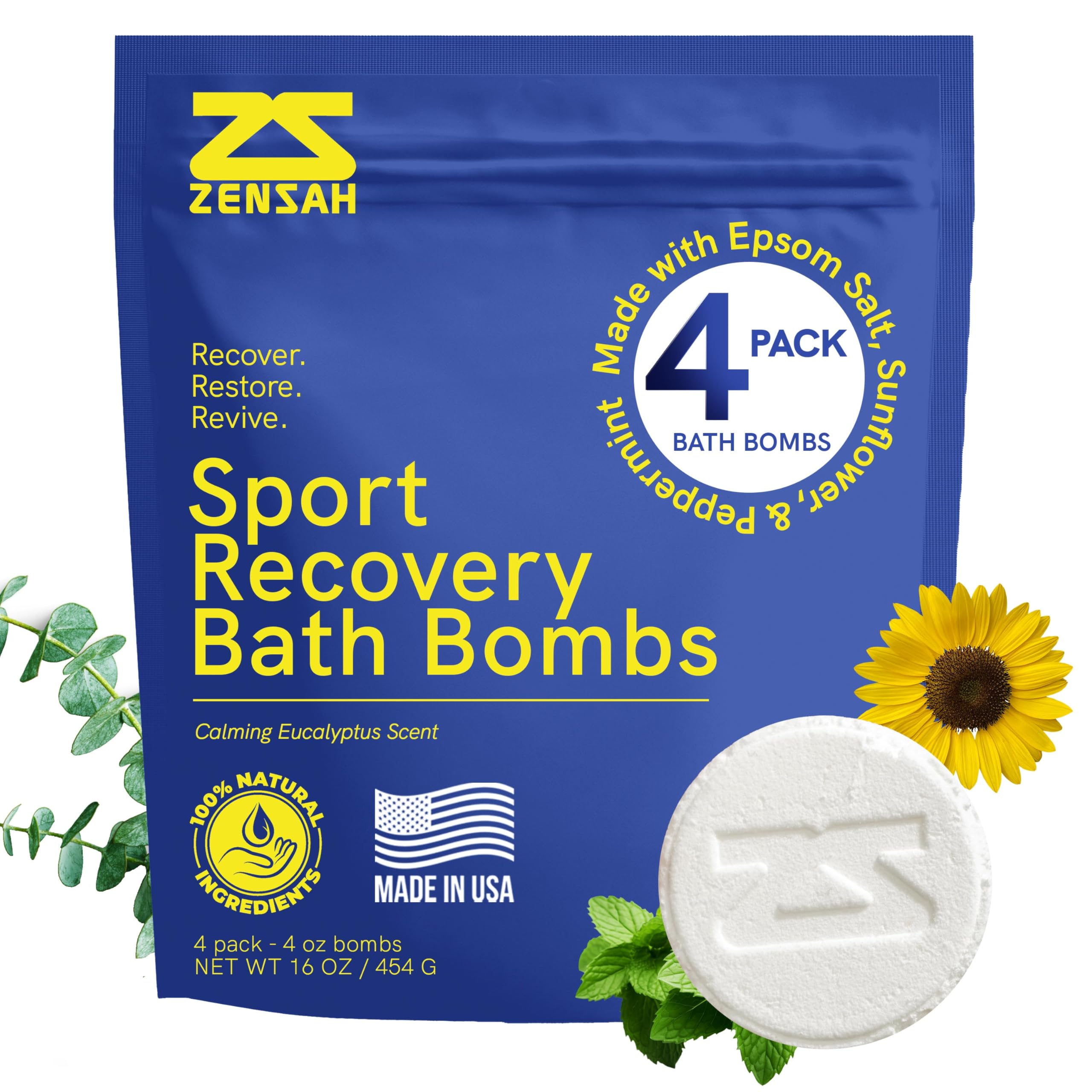 Zensah Sport Recovery Bath Bombs packaging highlights premium ingredients for post-workout relaxation.