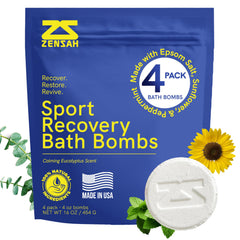 Zensah Sport Recovery Bath Bombs packaging highlights premium ingredients for post-workout relaxation.