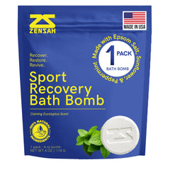 Zensah sport recovery bath bombs packaging highlights magnesium salt blend for muscle relief