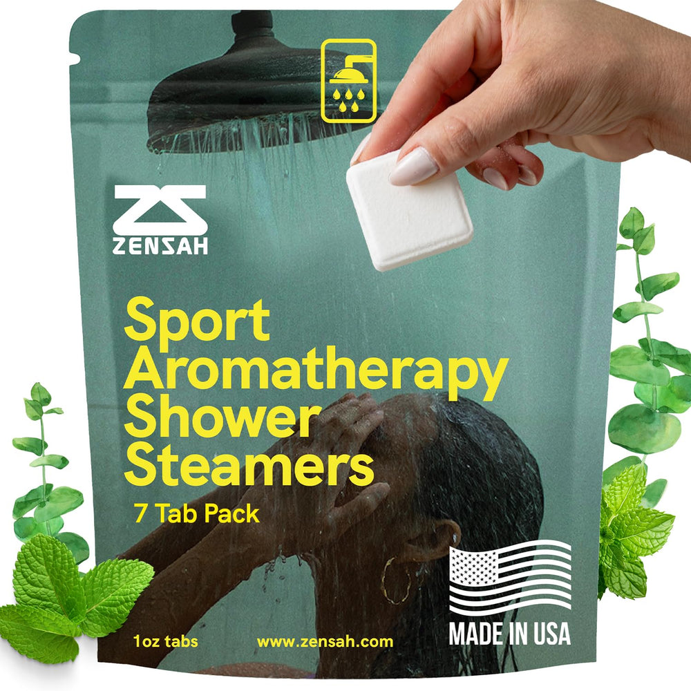 Zensah Sport Shower Steamer close-up with eucalyptus-menthol for refreshing aromatherapy.