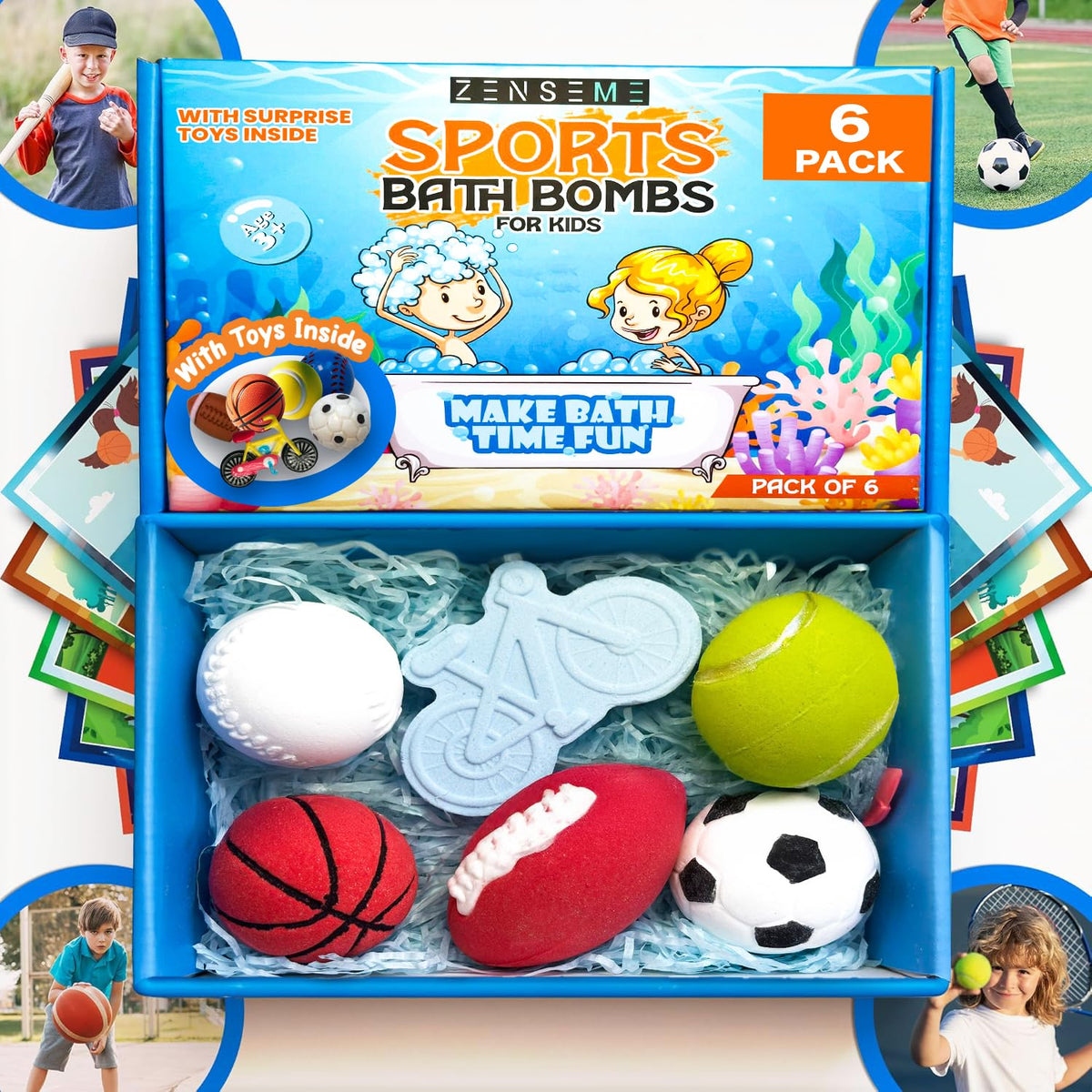 ZenseMe Sports Bath Bombs packfront with vibrant fizz and gift-ready presentation for bath-time fun